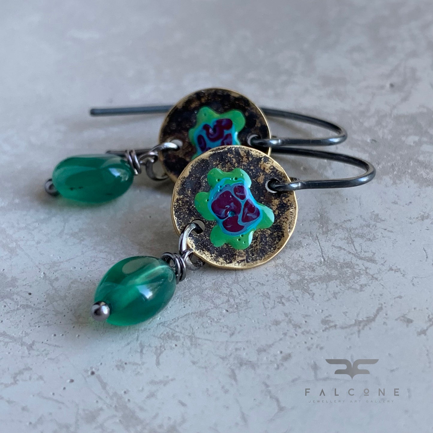 Brass, Agate and Sterling Silver Earrings 'Forest Flowers - Green & Purple'