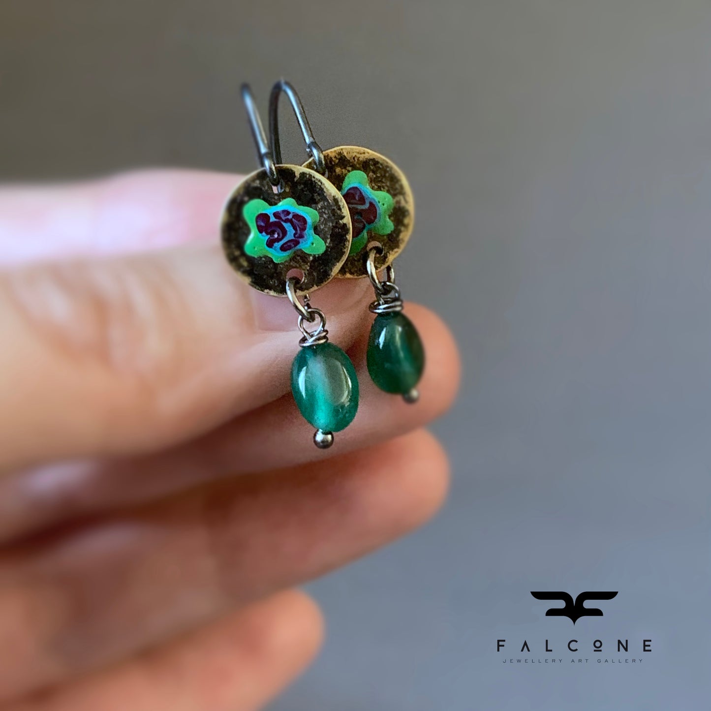 Brass, Agate and Sterling Silver Earrings 'Forest Flowers - Green & Purple'