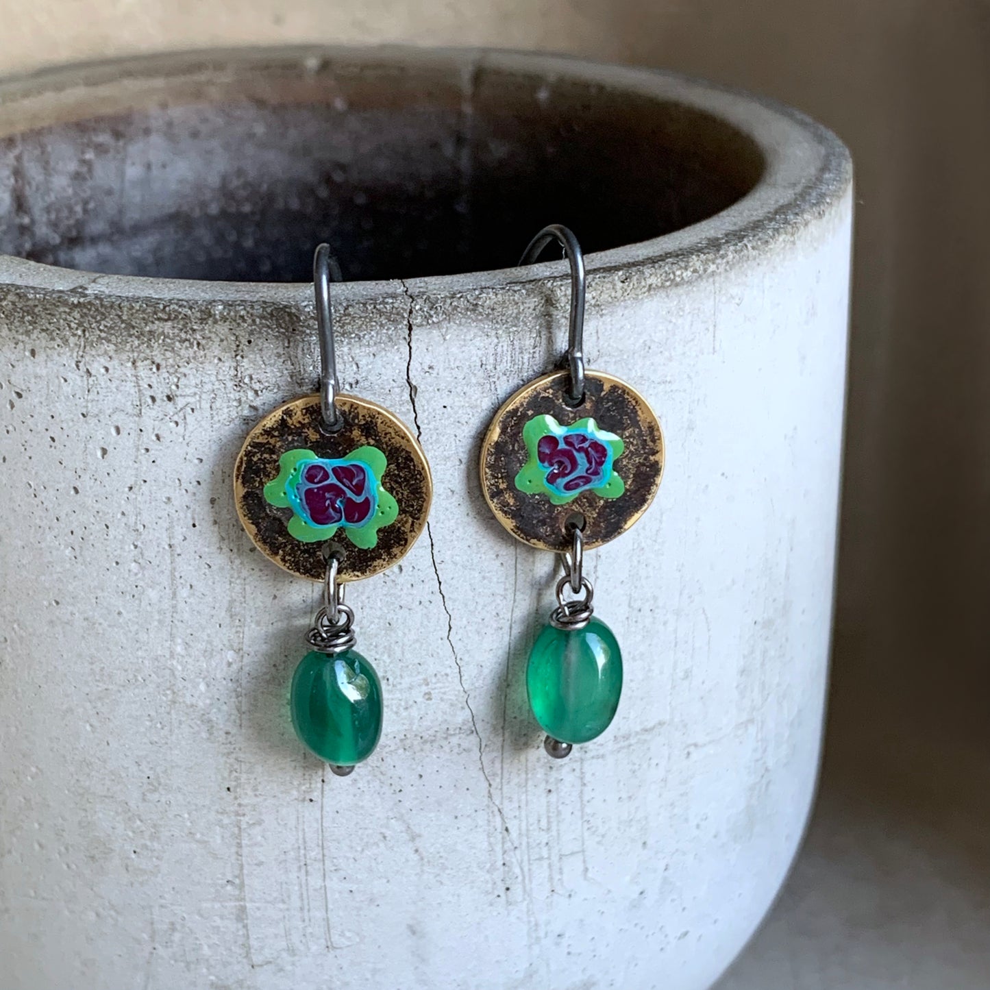 Brass, Agate and Sterling Silver Earrings 'Forest Flowers - Green & Purple'