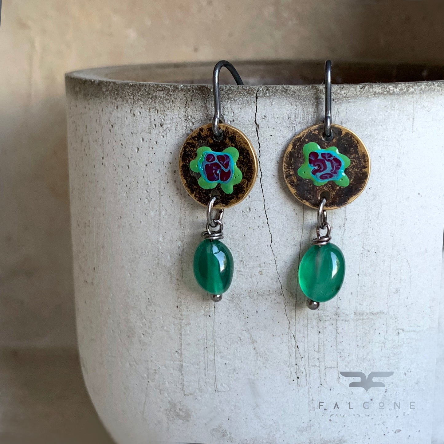 Brass, Agate and Sterling Silver Earrings 'Forest Flowers - Green & Purple'