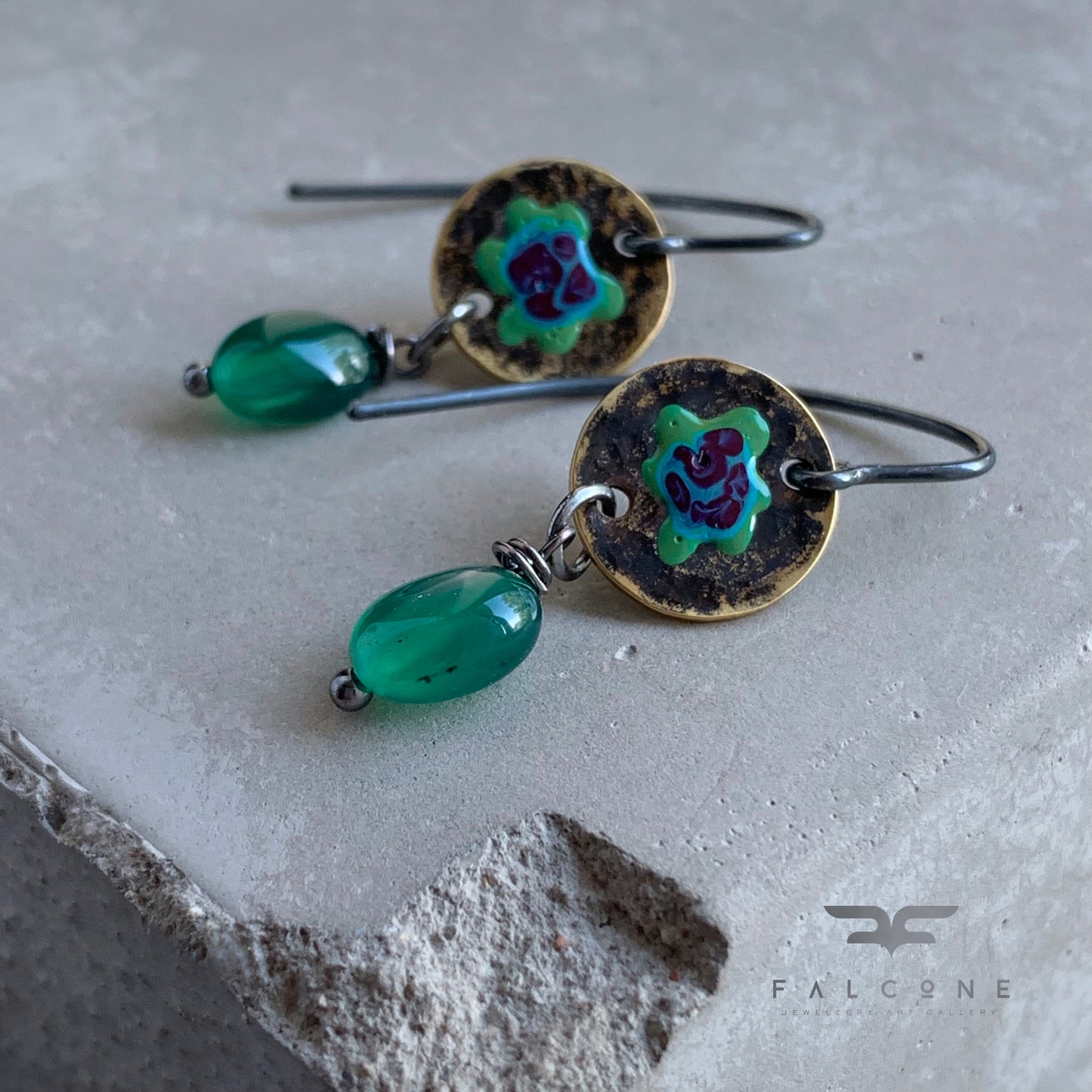 Brass, Agate and Sterling Silver Earrings 'Forest Flowers - Green & Purple'
