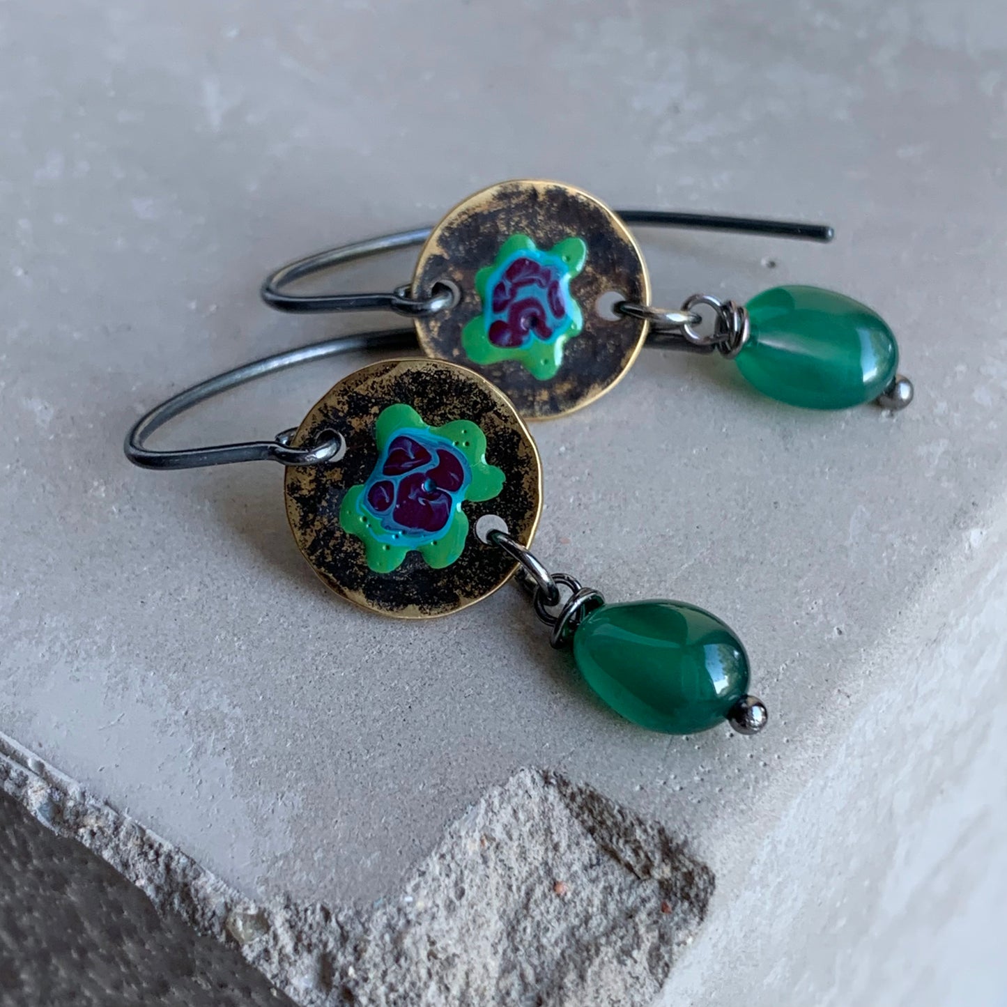 Brass, Agate and Sterling Silver Earrings 'Forest Flowers - Green & Purple'