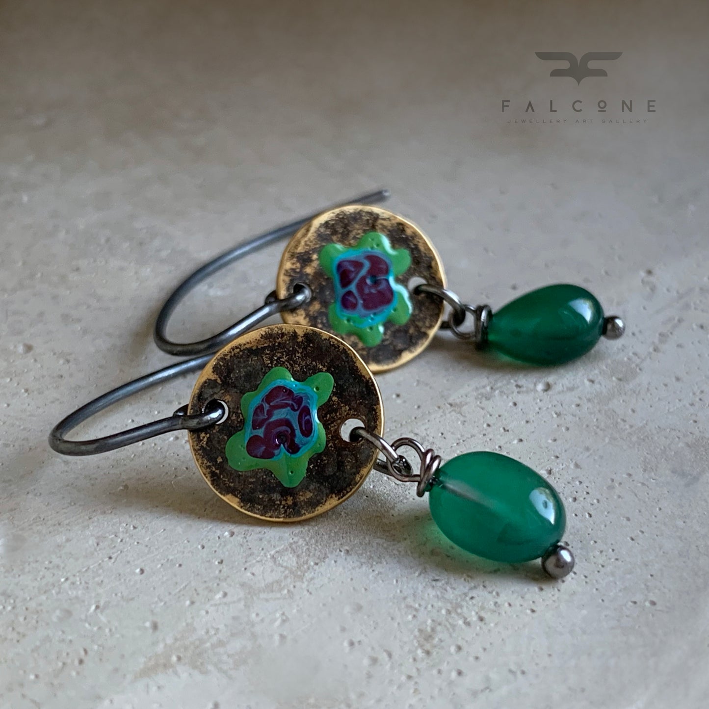 Brass, Agate and Sterling Silver Earrings 'Forest Flowers - Green & Purple'