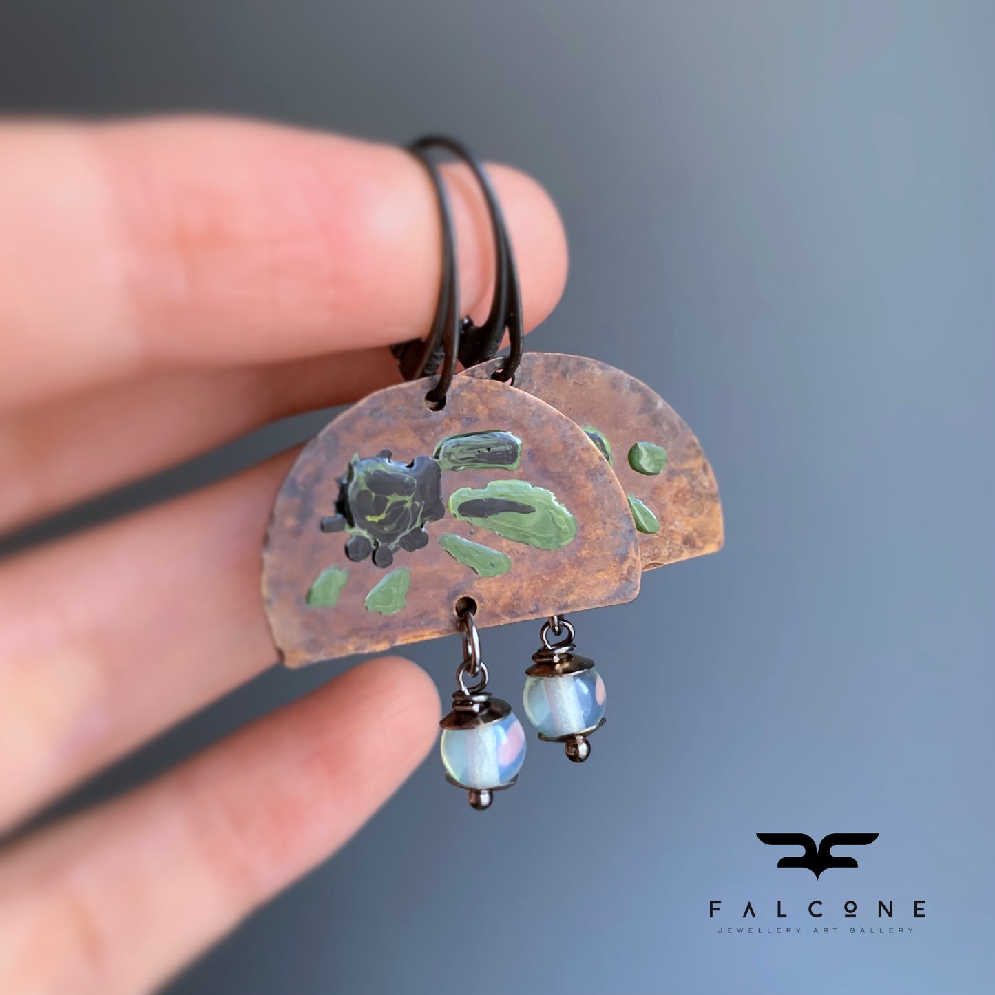 Brass, Silver and Opalite Earrings 'Exotic Flowers with Opalite'