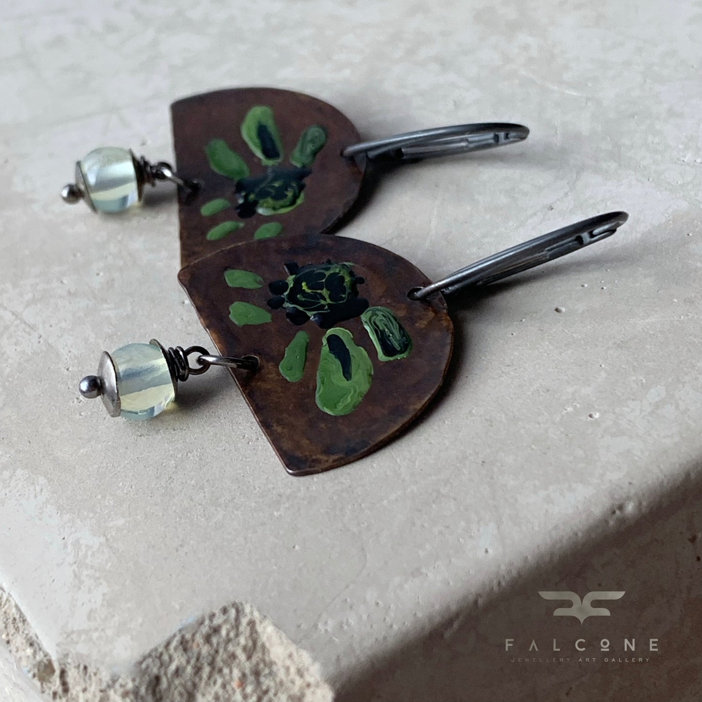 Brass, Silver and Opalite Earrings 'Exotic Flowers with Opalite'