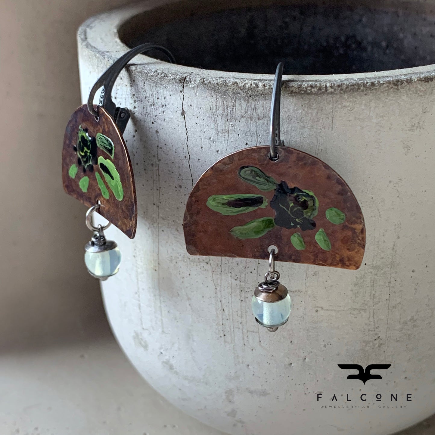 Brass, Silver and Opalite Earrings 'Exotic Flowers with Opalite'