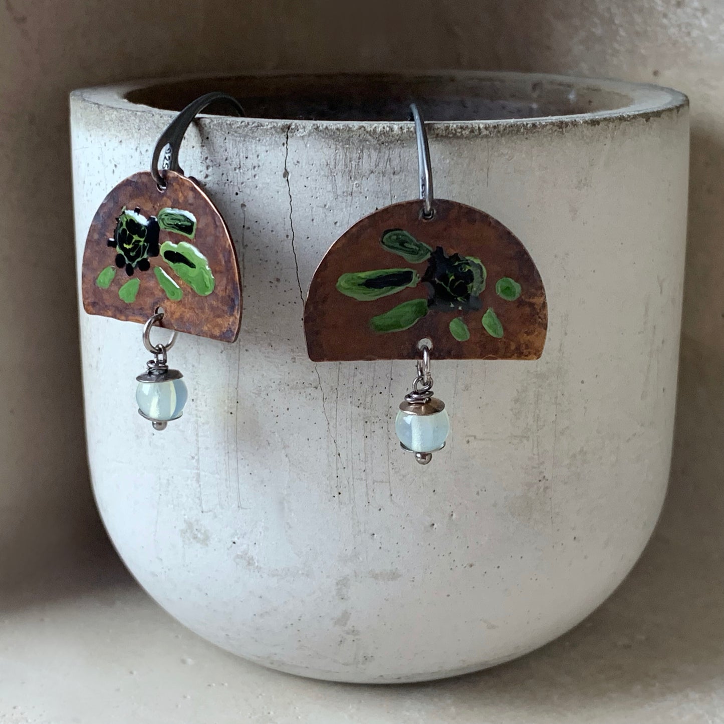 Brass, Silver and Opalite Earrings 'Exotic Flowers with Opalite'