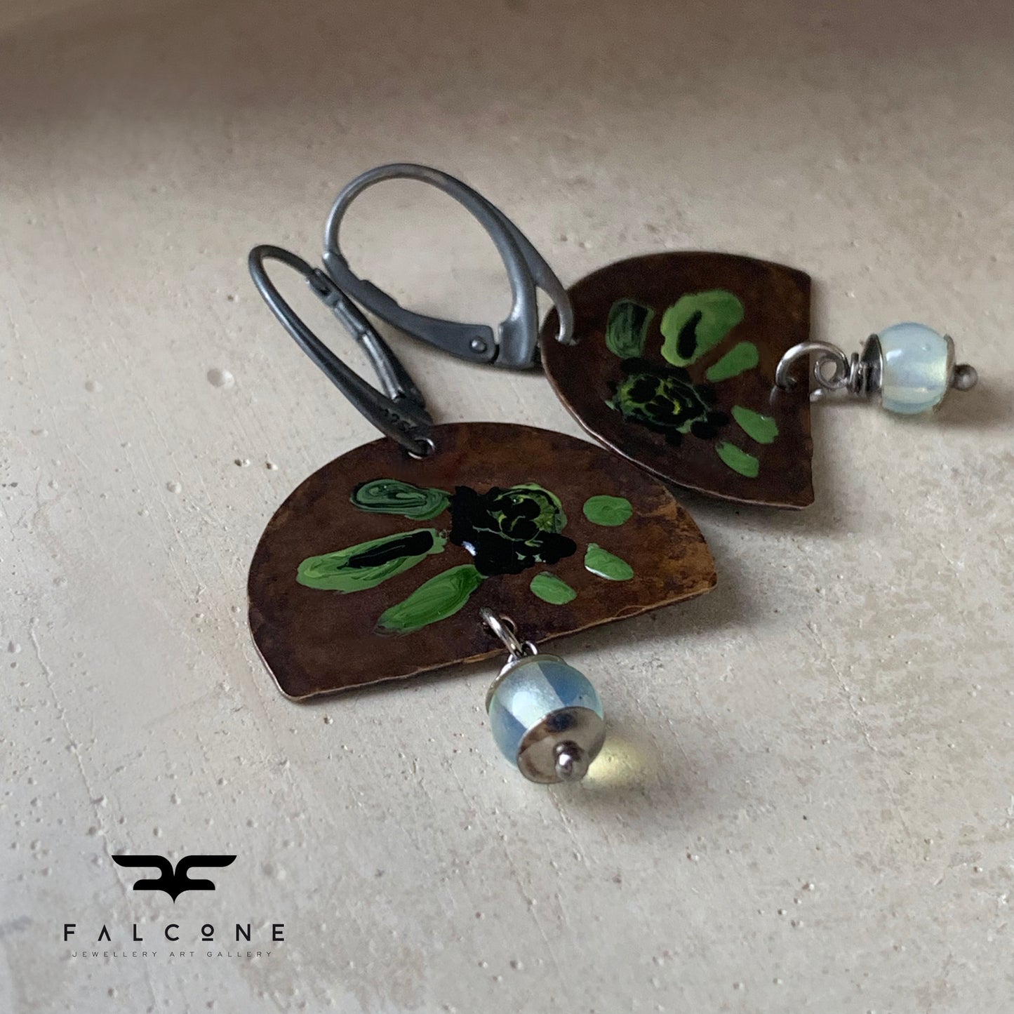 Brass, Silver and Opalite Earrings 'Exotic Flowers with Opalite'