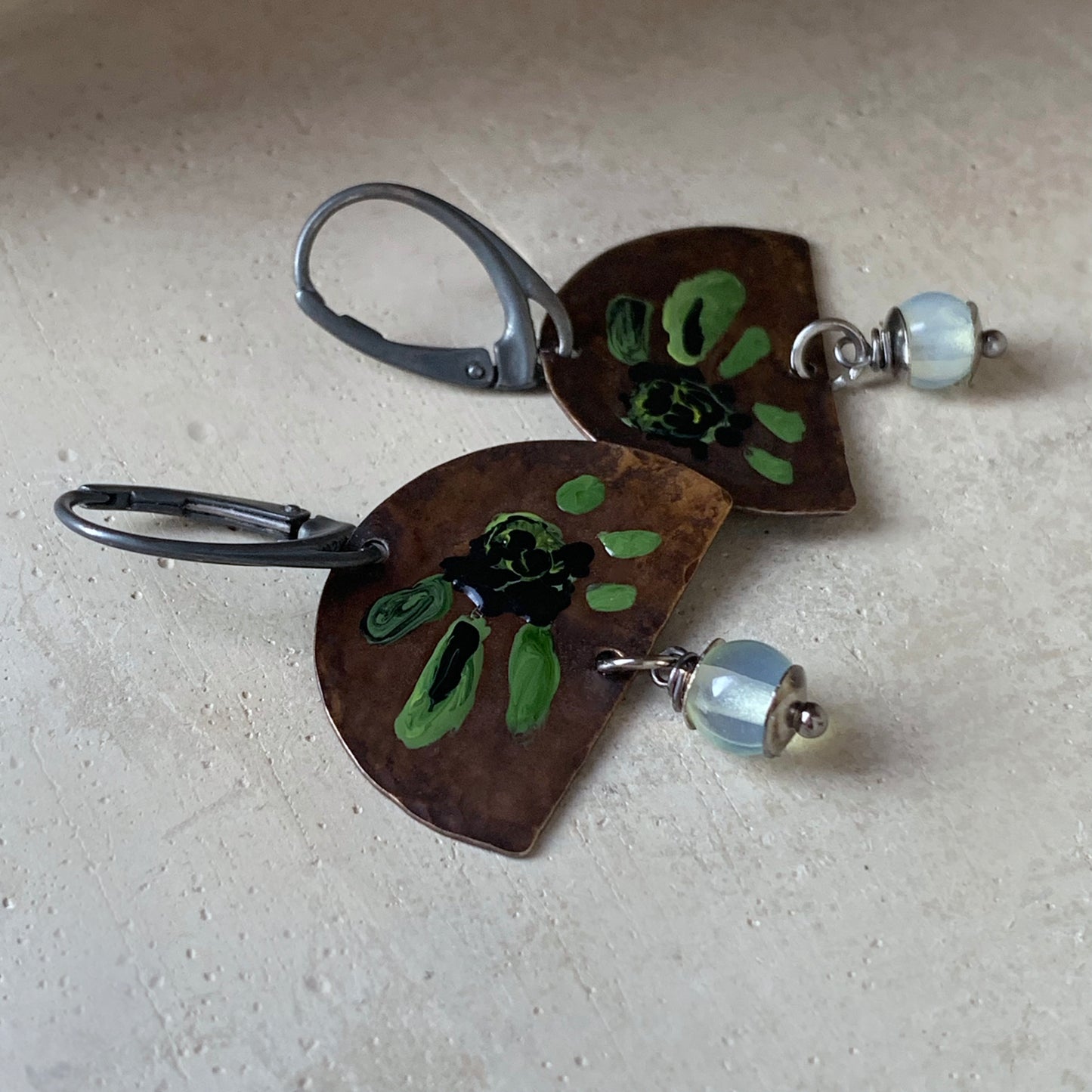 Brass, Silver and Opalite Earrings 'Exotic Flowers with Opalite'