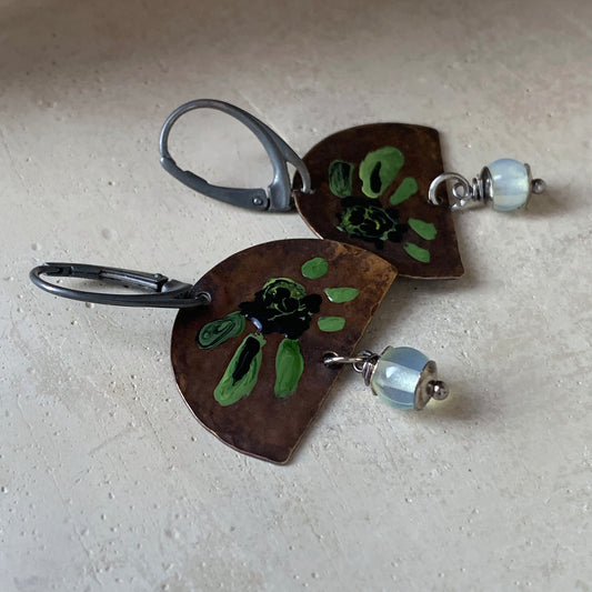 Brass, Silver and Opalite Earrings 'Exotic Flowers with Opalite'