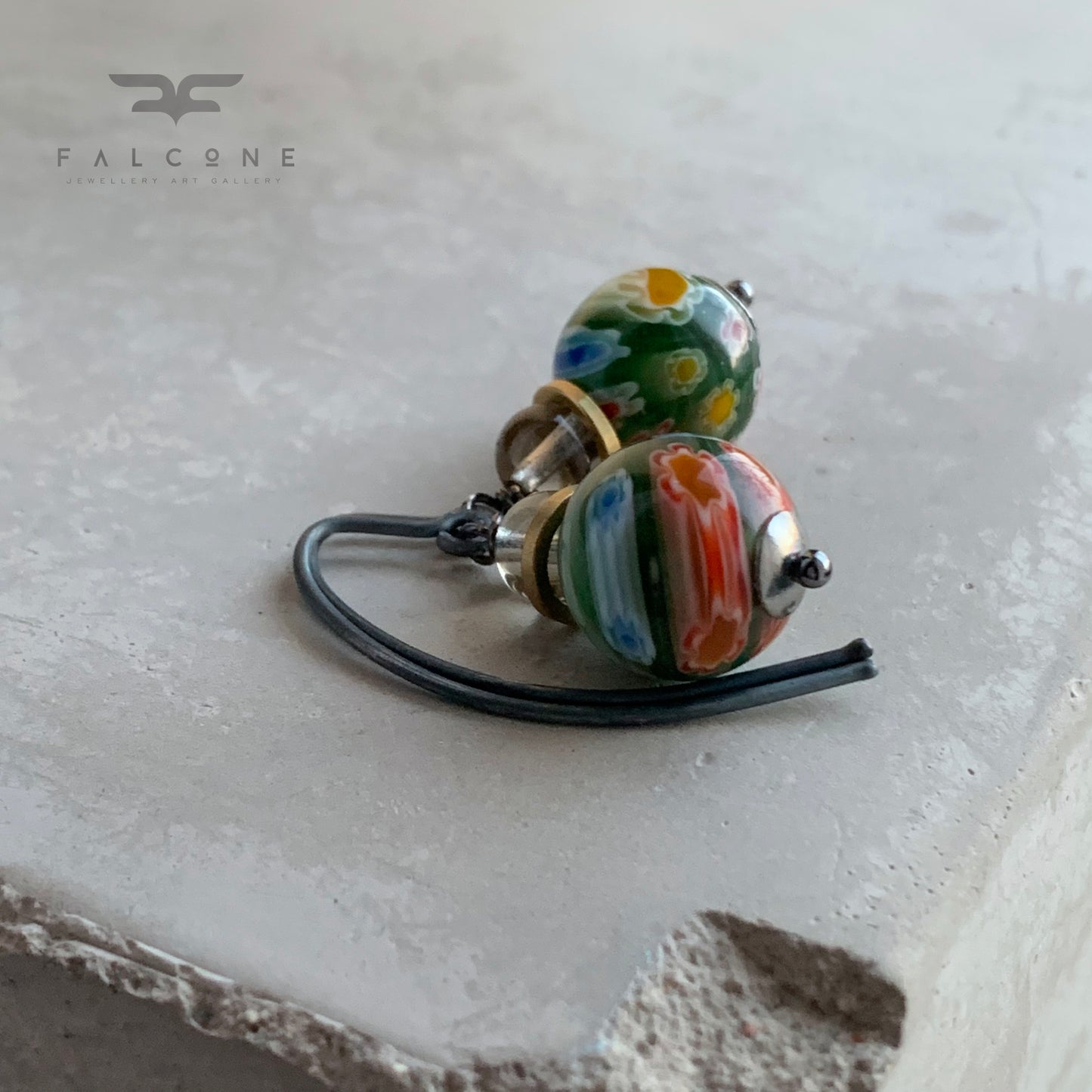 Glass and Silver Earrings 'Green Millefiori & Smoky Gray'