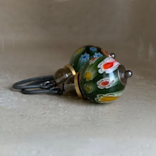 Glass and Silver Earrings 'Green Millefiori & Smoky Gray'