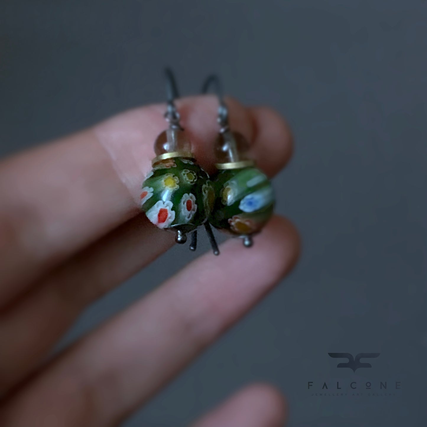 Glass and Silver Earrings 'Green Millefiori & Smoky Gray'