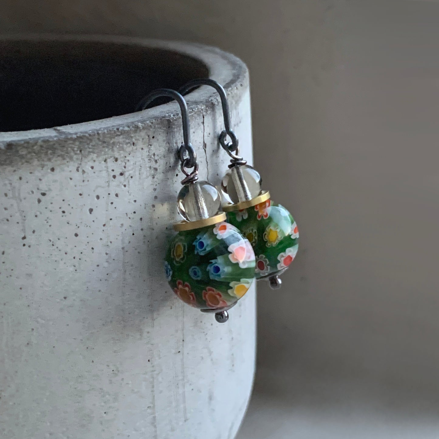 Glass and Silver Earrings 'Green Millefiori & Smoky Gray'