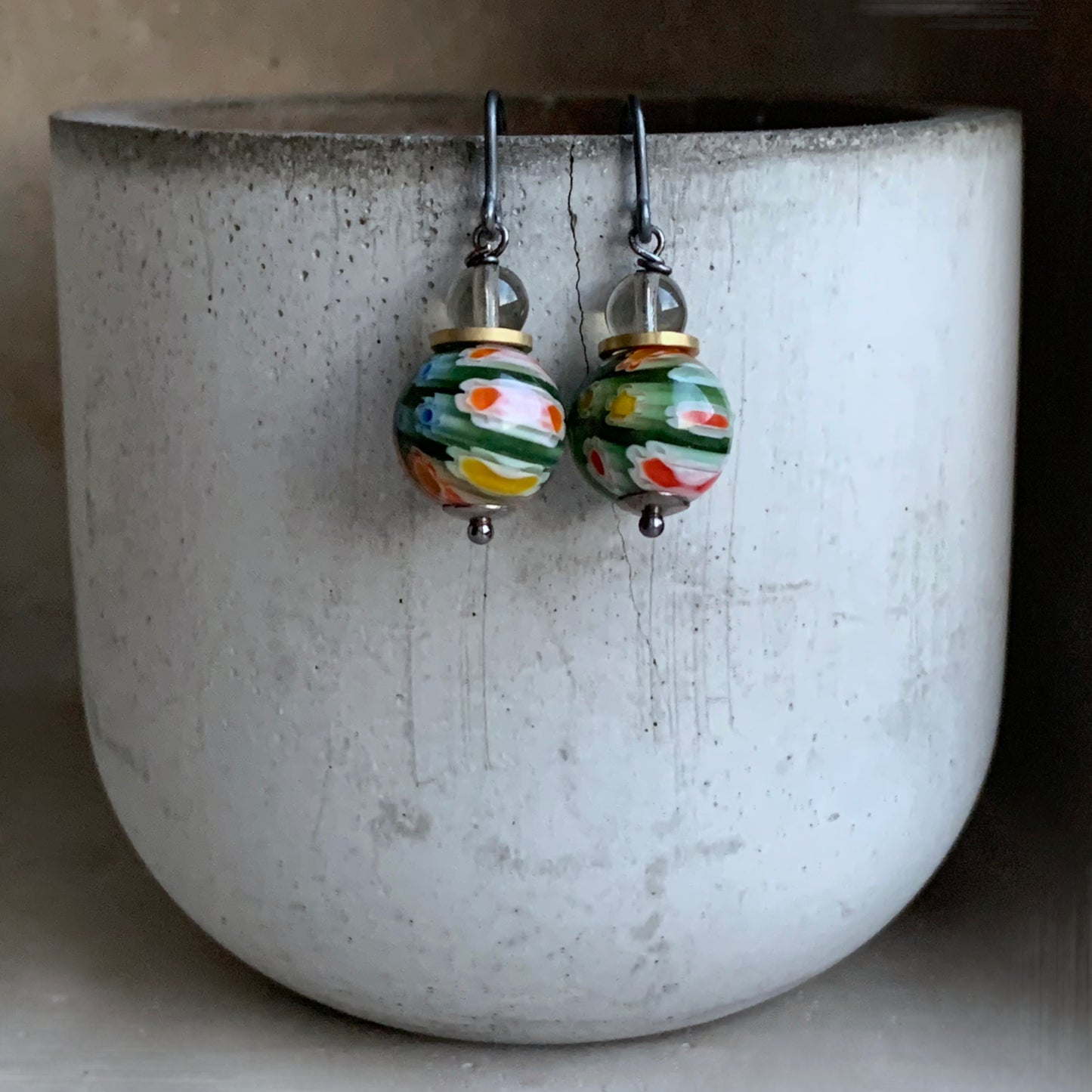 Glass and Silver Earrings 'Green Millefiori & Smoky Gray'