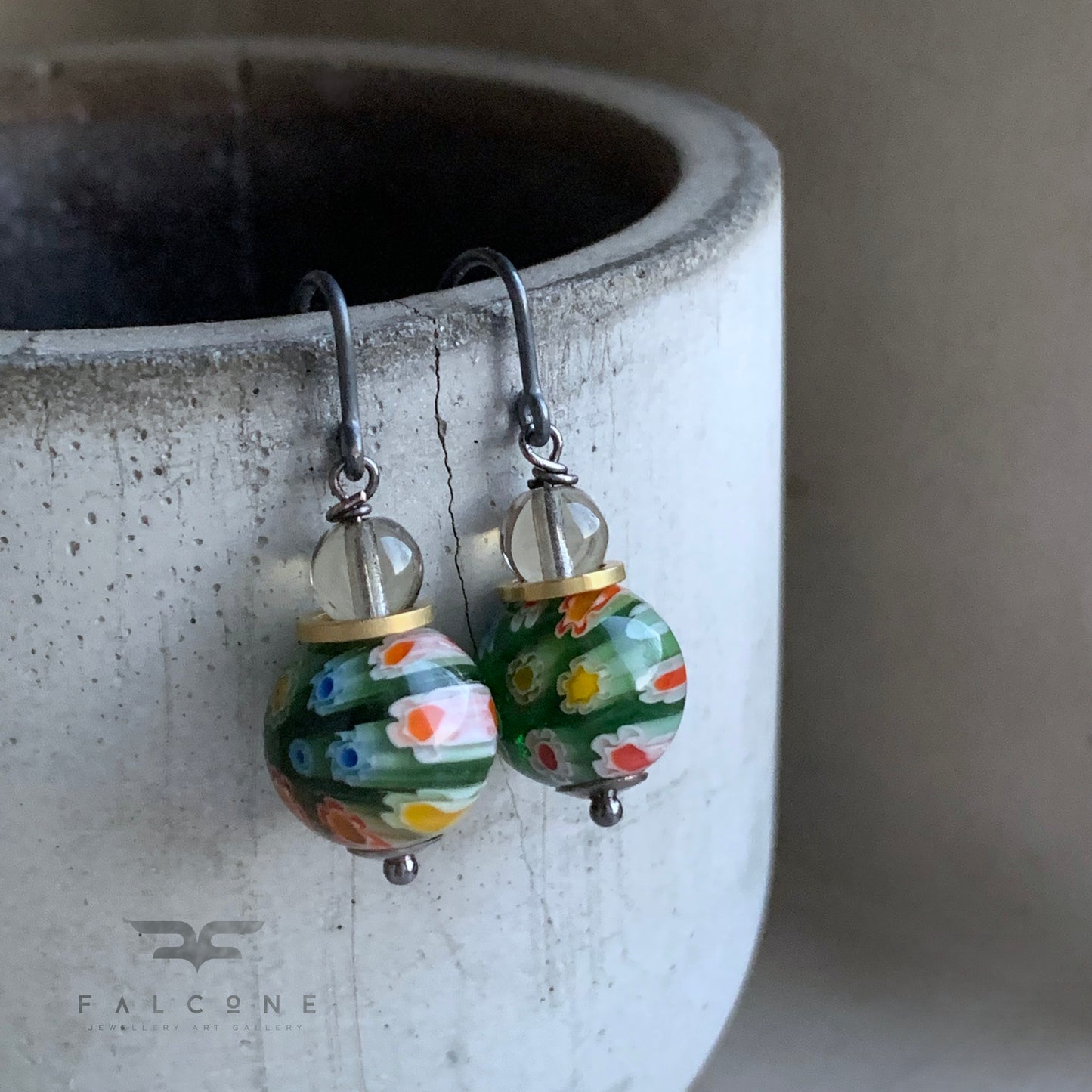 Glass and Silver Earrings 'Green Millefiori & Smoky Gray'