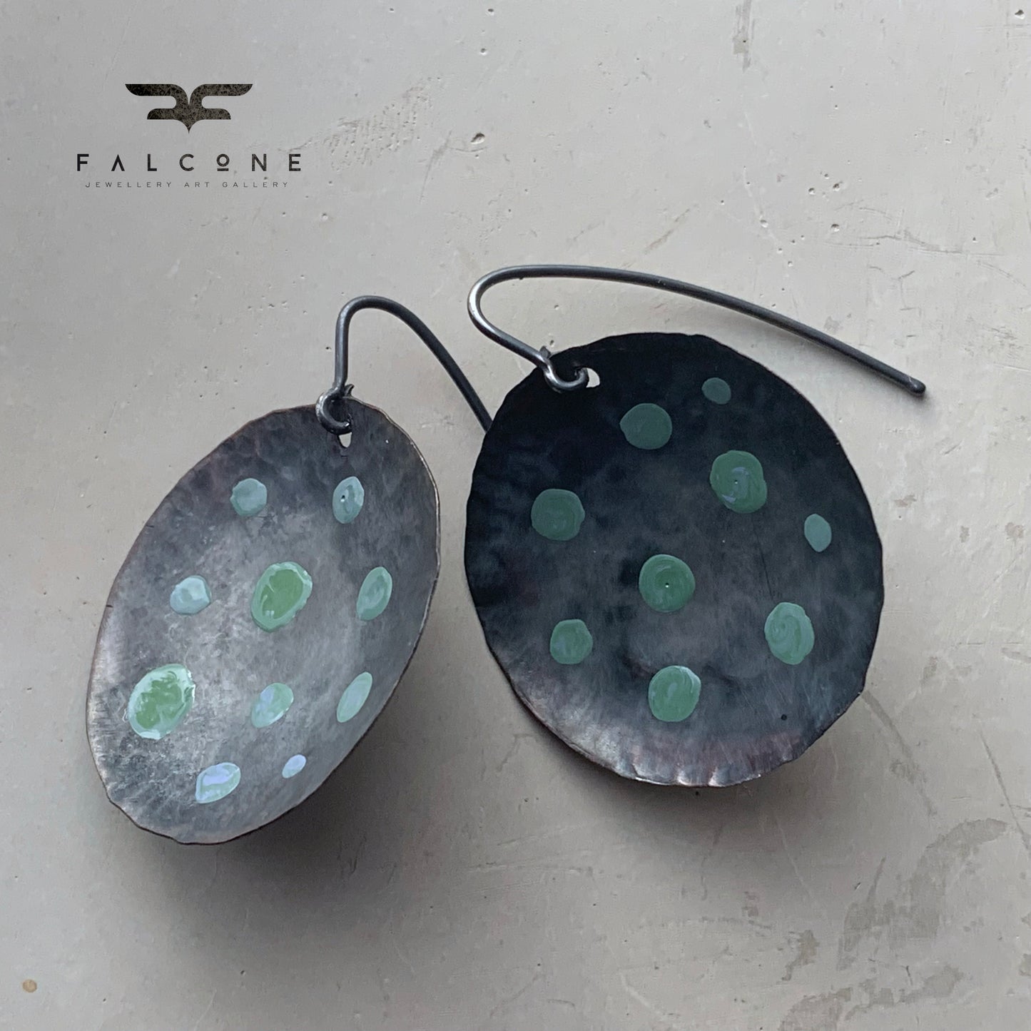 Copper enamel earrings with silver earwires 'Bowls in Green Dots'