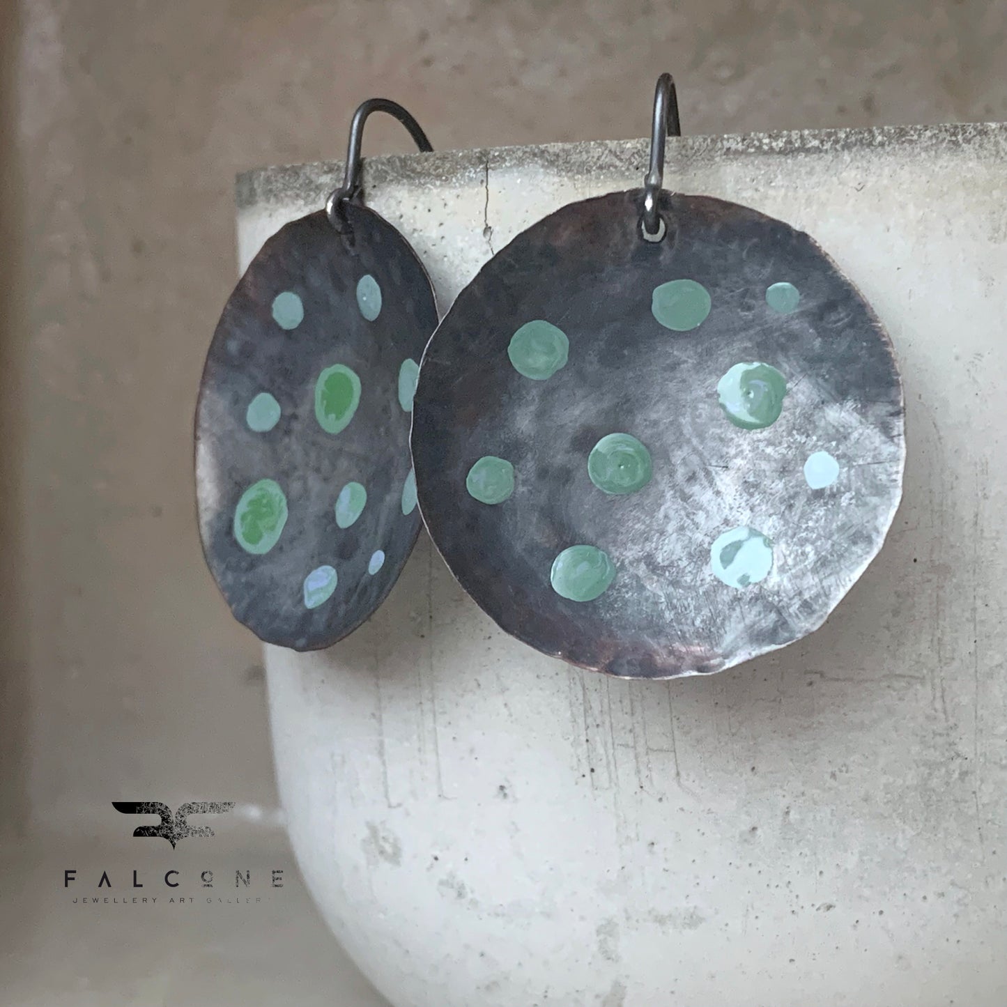 Copper enamel earrings with silver earwires 'Bowls in Green Dots'