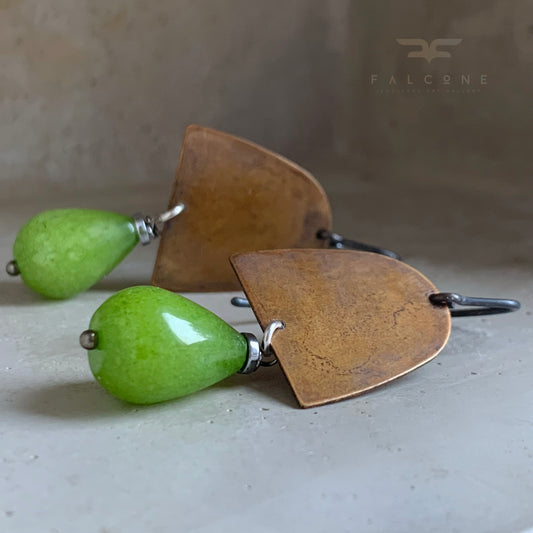 Brass, Jade, and Silver Earrings 'Green Pears'