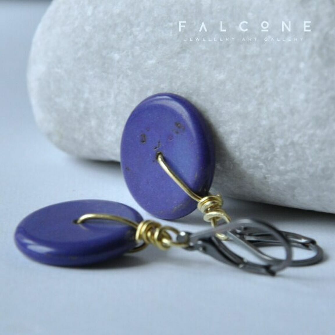 Handmade silver and brass earrings with howlite pastilles 'Purple Pastilles'