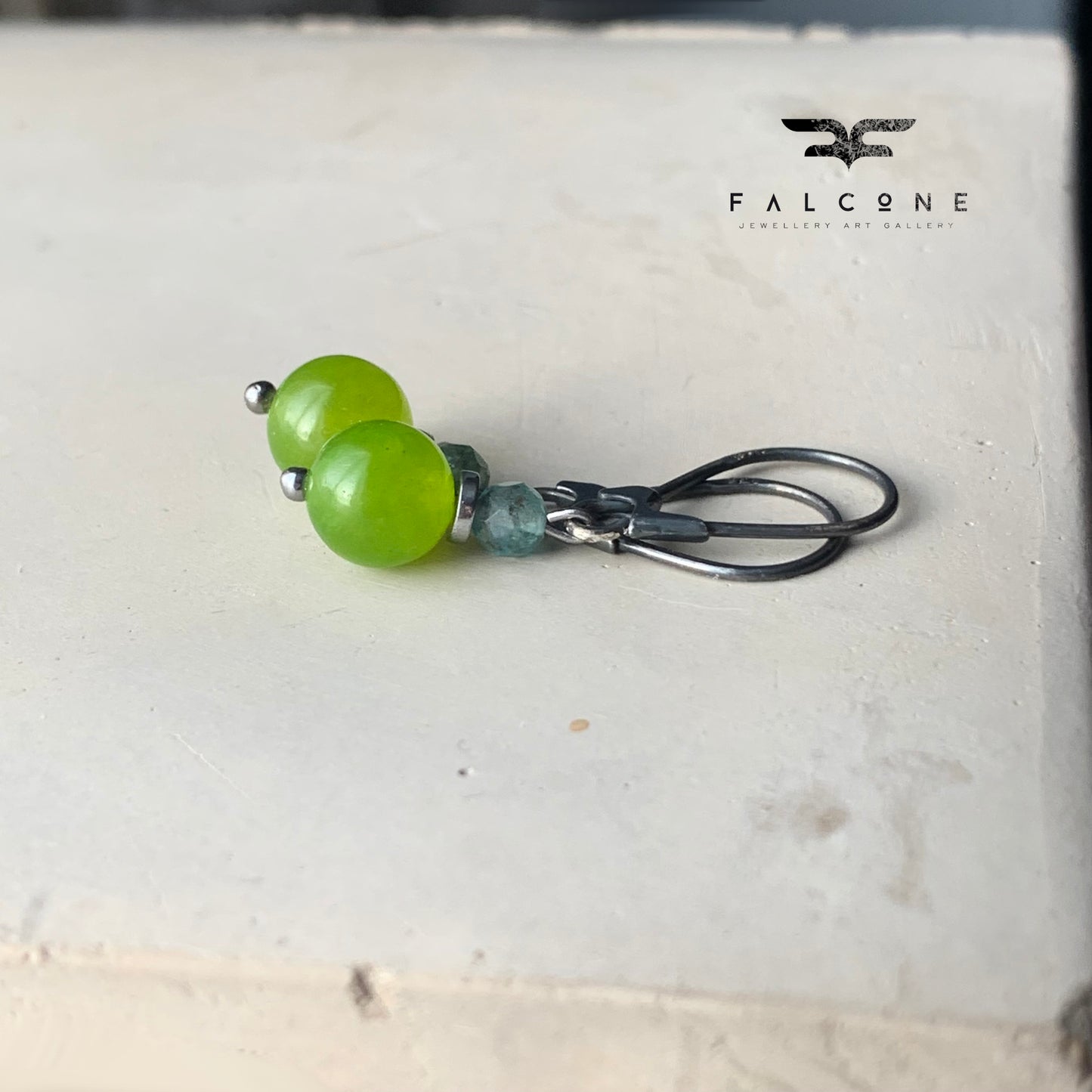 Earrings with jade and amazonite and silver closed earwires 'Green Apples'