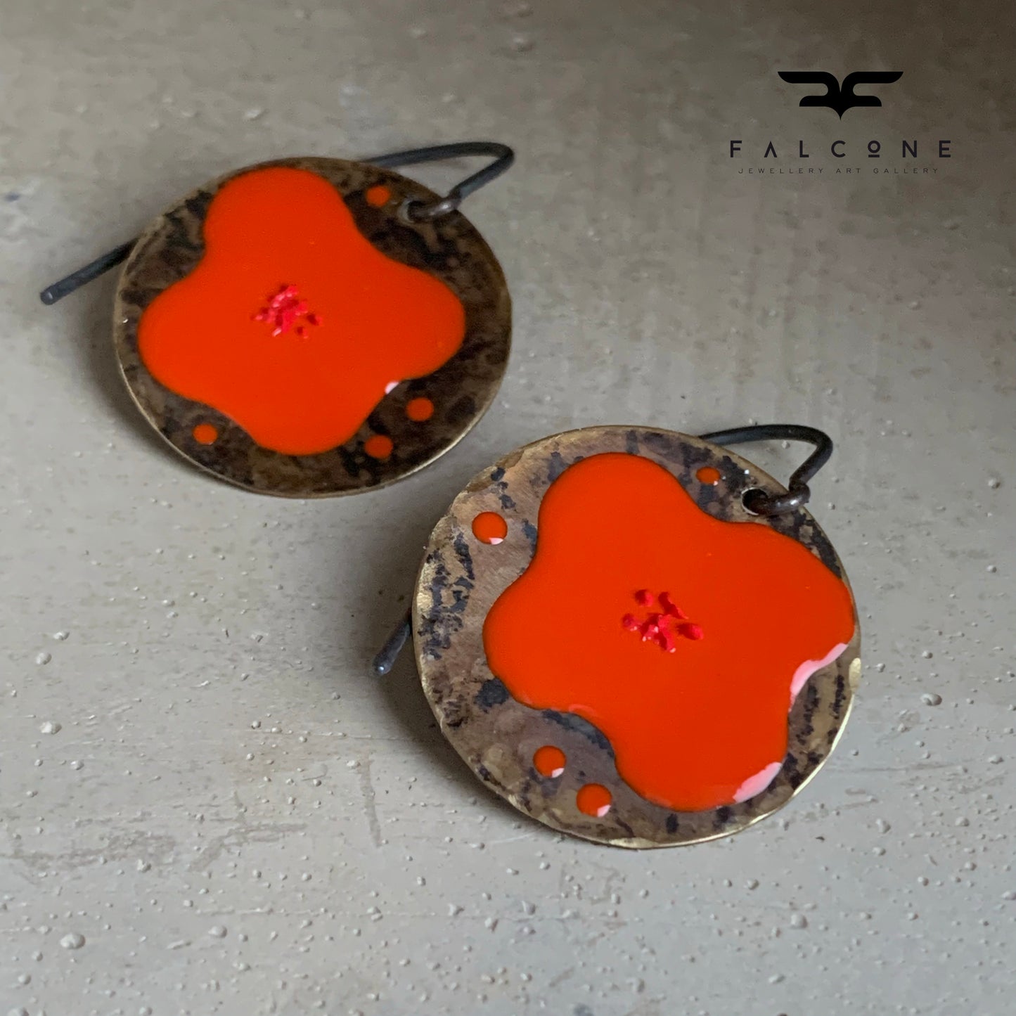 Brass and Silver Earrings with Enamel Flowers 'Red Poppies'