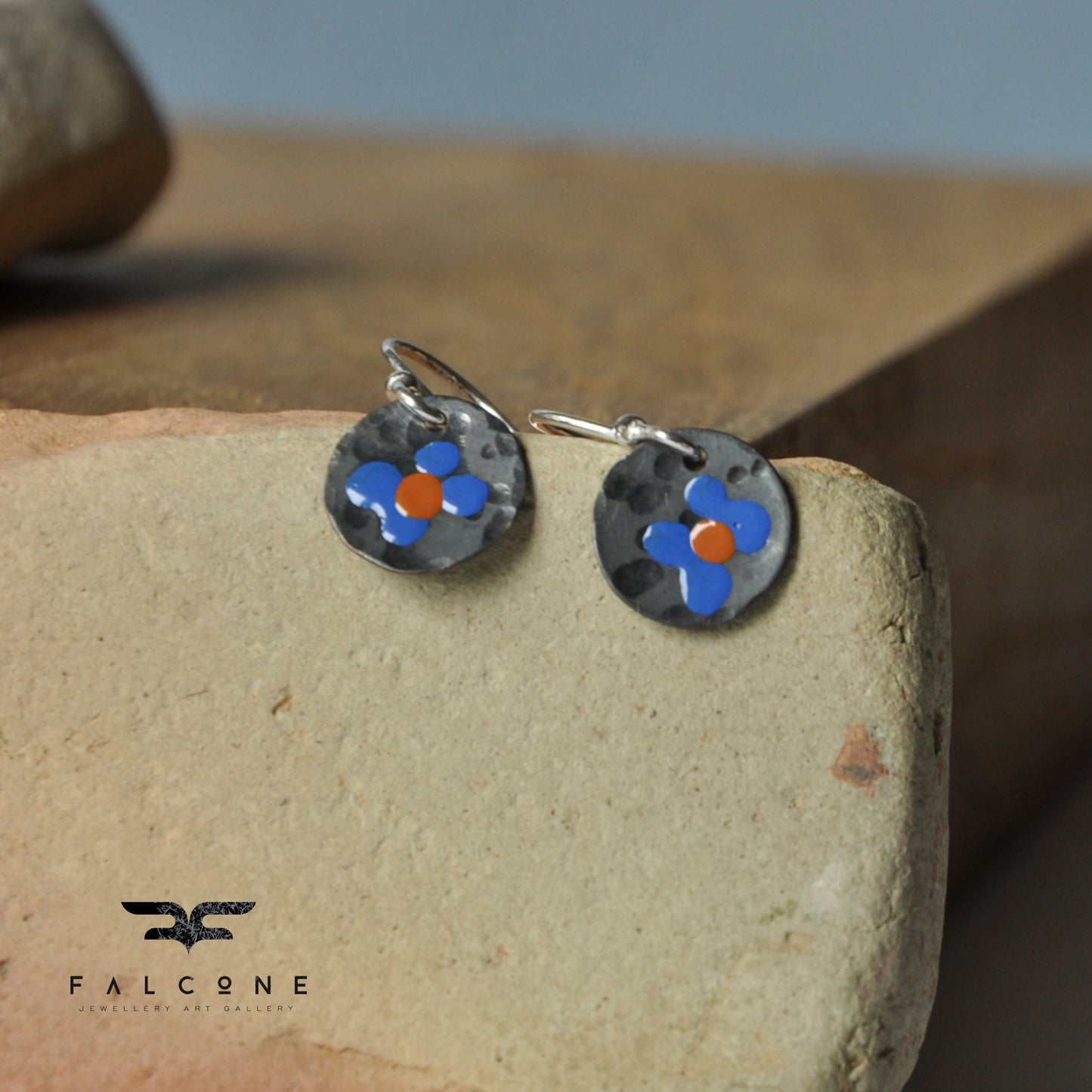 Silver earrings with enamel 'Field Flowers - Blue & Orange Ochre'