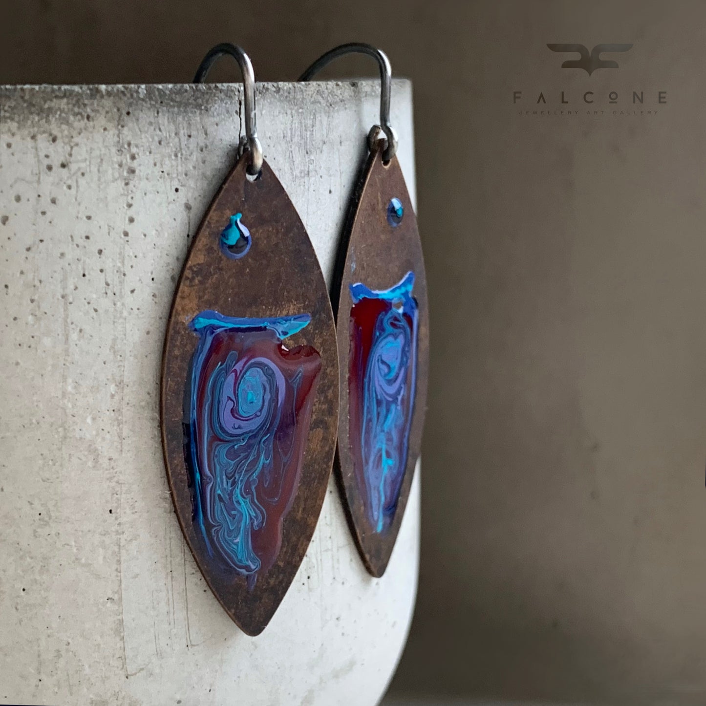 Brass and Silver Earrings 'Fish Dark Ruby & Deep Blue'