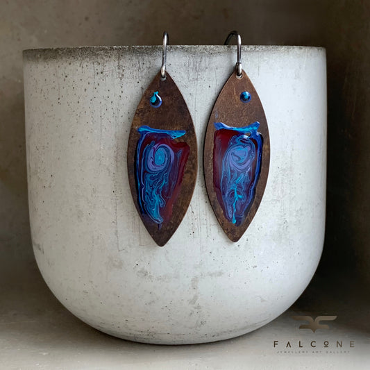 Brass and Silver Earrings 'Fish Dark Ruby & Deep Blue'