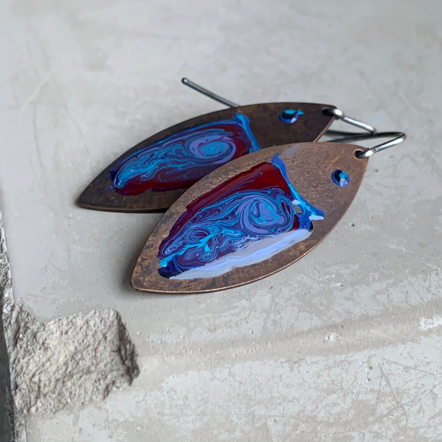 Brass and Silver Earrings 'Fish Dark Ruby & Deep Blue'