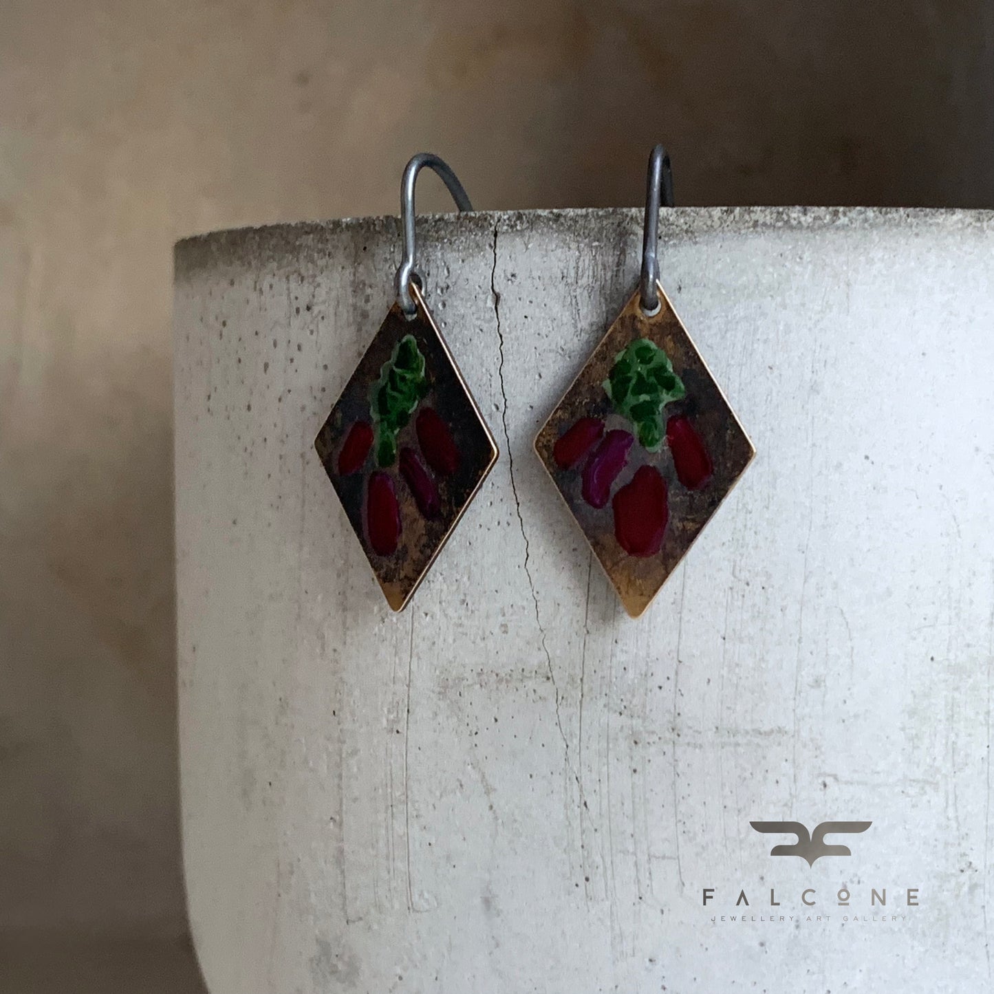 Brass and Silver Earrings 'Little Flowers - Antique Bordeaux & Dark Green'