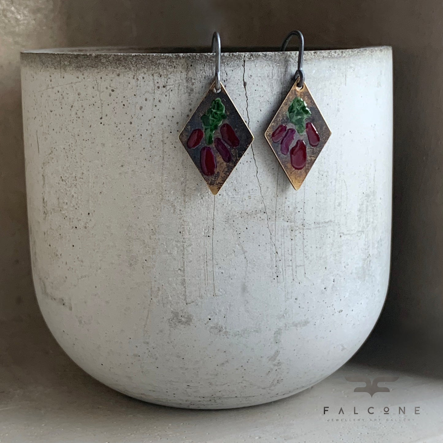 Brass and Silver Earrings 'Little Flowers - Antique Bordeaux & Dark Green'