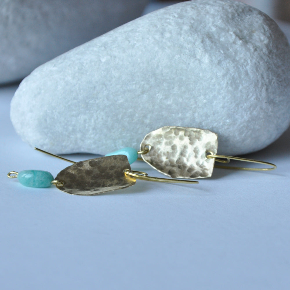 Handmade brass earrings with irregular nugget of amazonite 'With Amazonite'