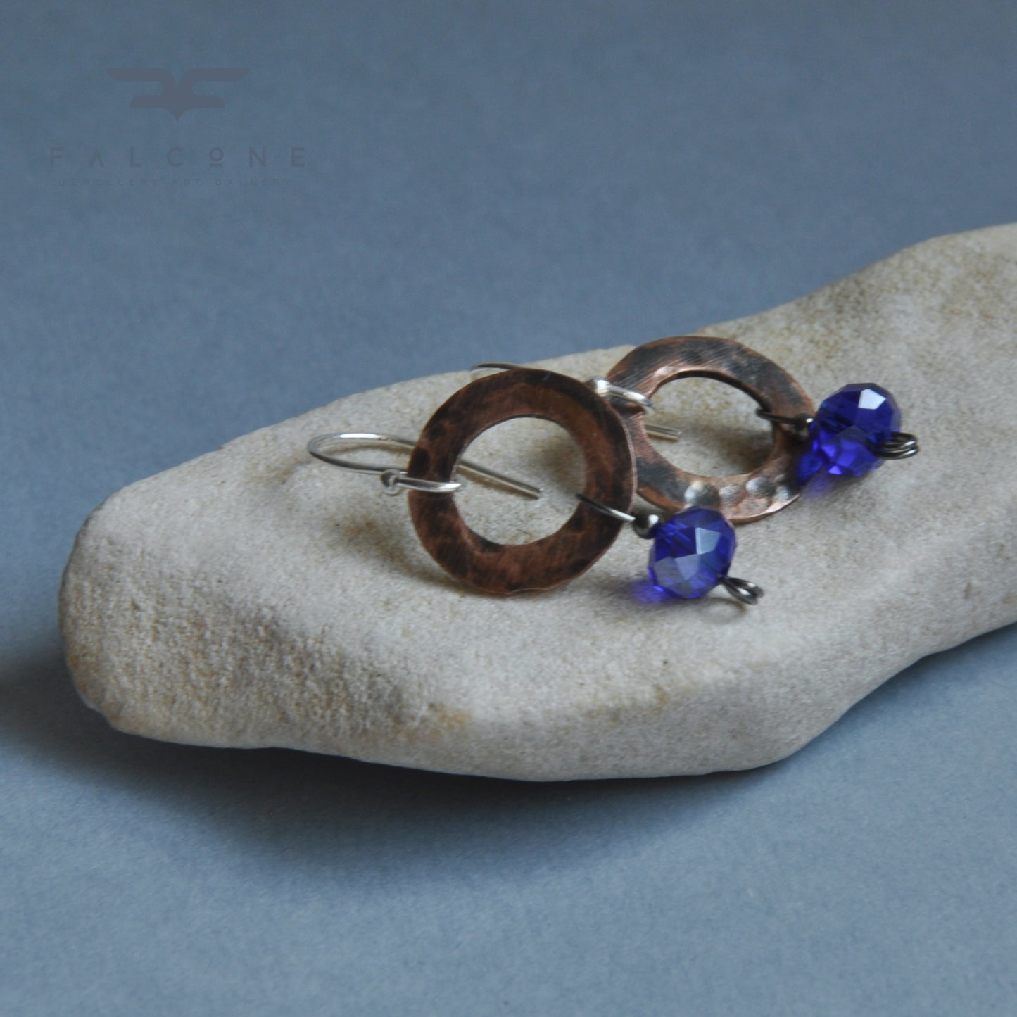 Small earrings made of glass, copper and silver 'With Sapphire Beads'