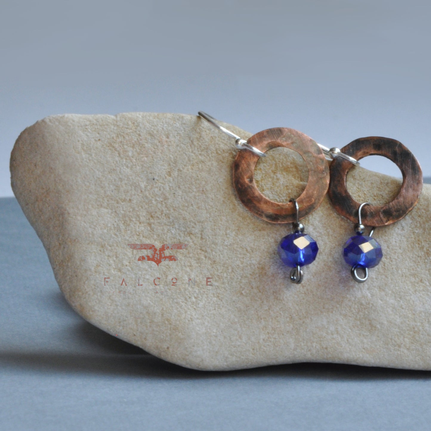 Small earrings made of glass, copper and silver 'With Sapphire Beads'