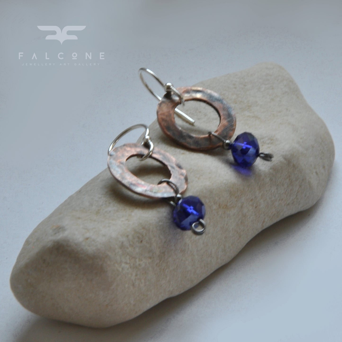 Small earrings made of glass, copper and silver 'With Sapphire Beads'