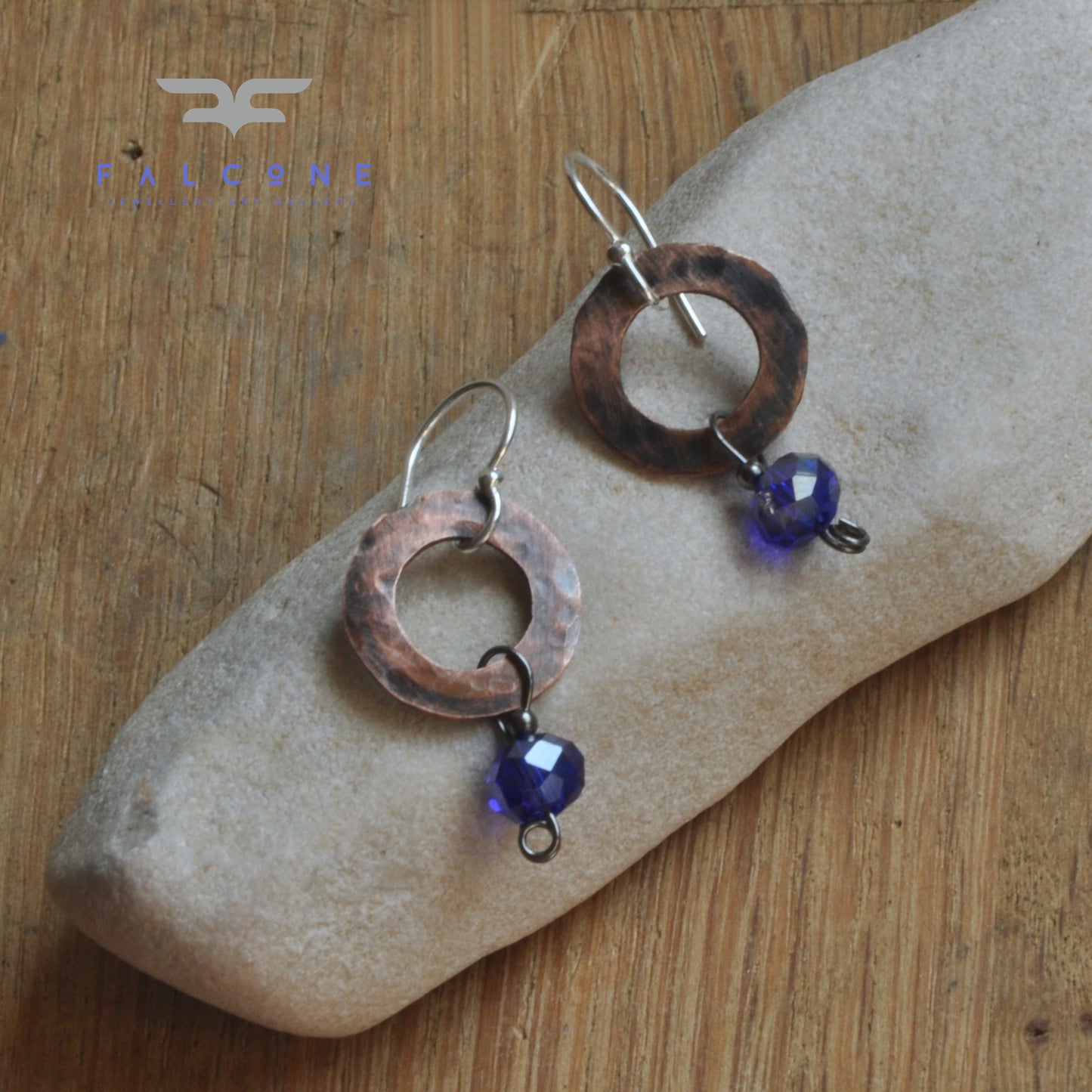 Small earrings made of glass, copper and silver 'With Sapphire Beads'