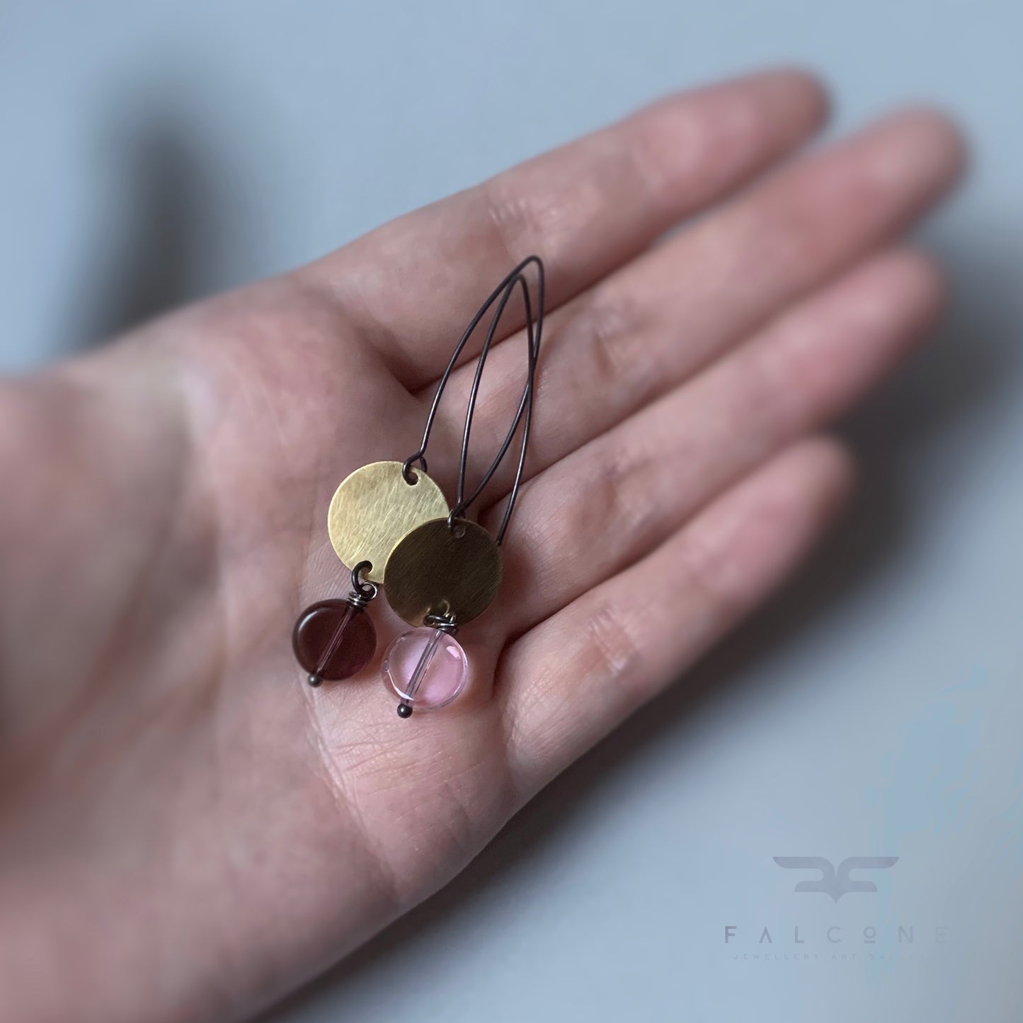 Dangle earrings made of brass, glass, and silver 'Duo'