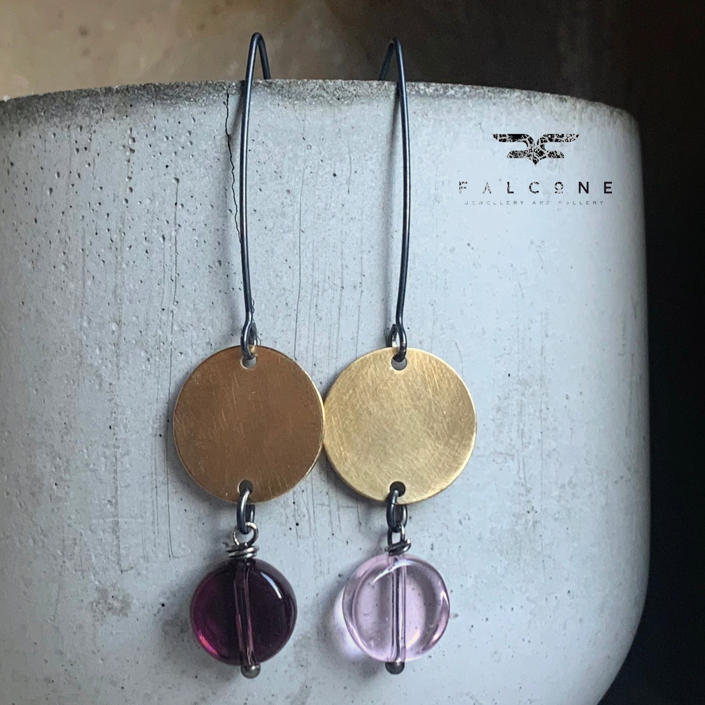 Dangle earrings made of brass, glass, and silver 'Duo'