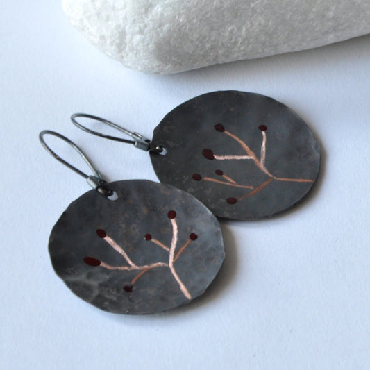 Enameled and engraved earrings of copper and silver 'Wild Roses'