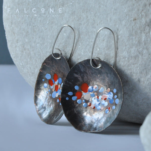 Large copper earrings - hand formed & enameled 'Roses, Poppies, Cornflowers'