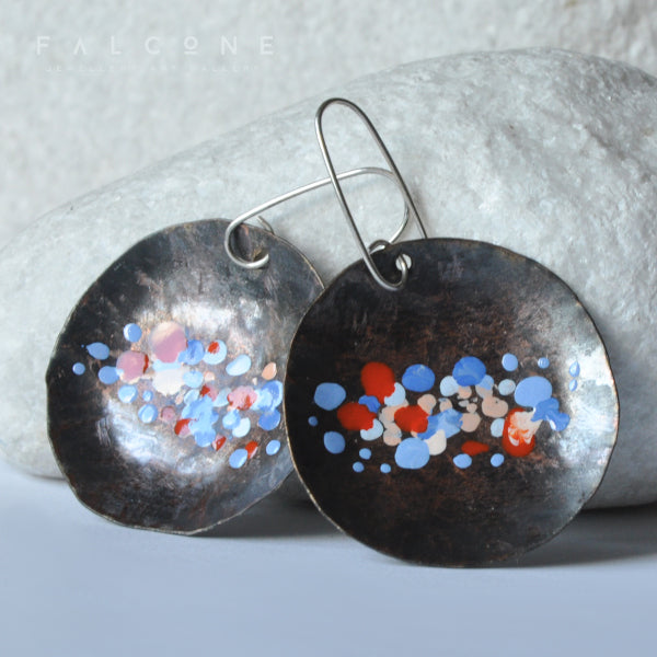 Large copper earrings - hand formed & enameled 'Roses, Poppies, Cornflowers'