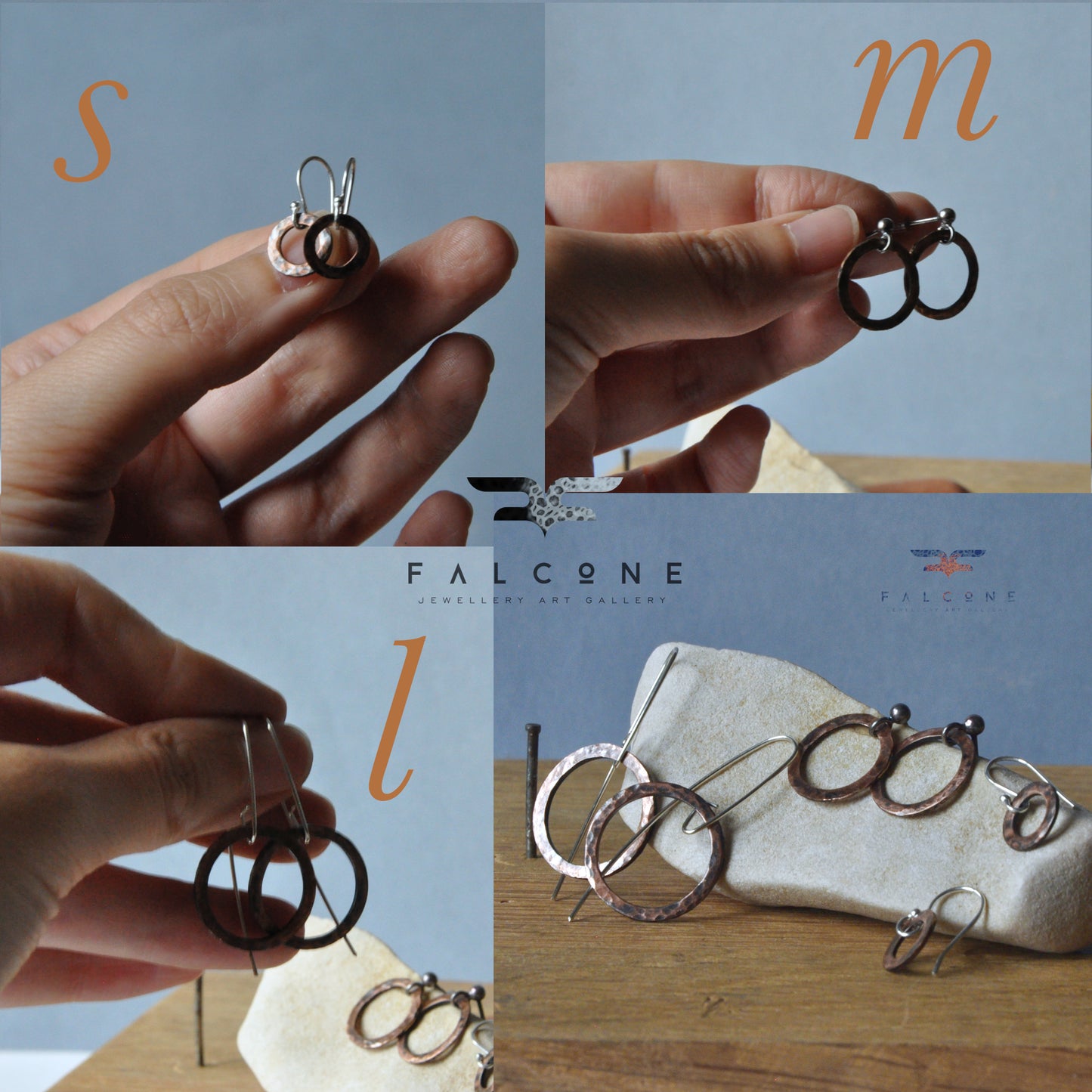 Circle copper earrings with silver earwires 'Brick raw copper'