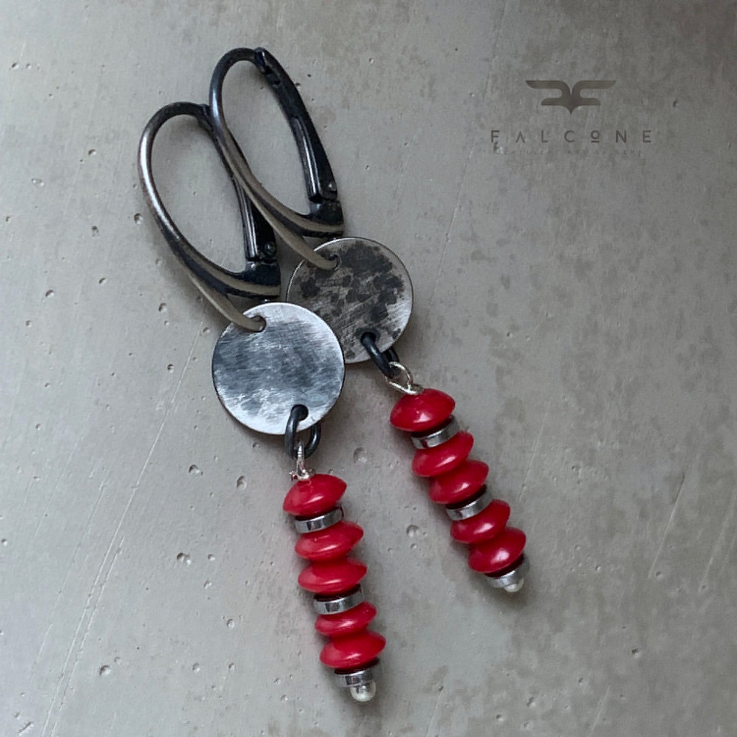 Silver earrings with rondelles of coral 'Red Coral'