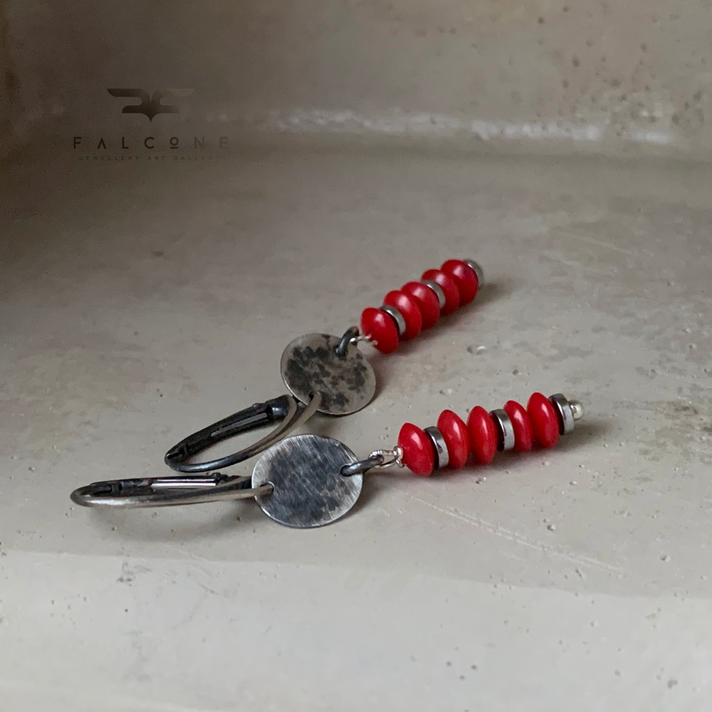 Silver earrings with rondelles of coral 'Red Coral'