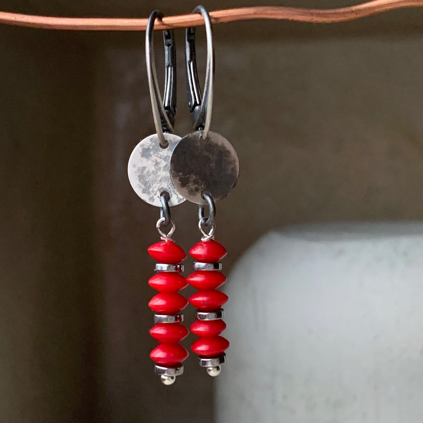 Silver earrings with rondelles of coral 'Red Coral'