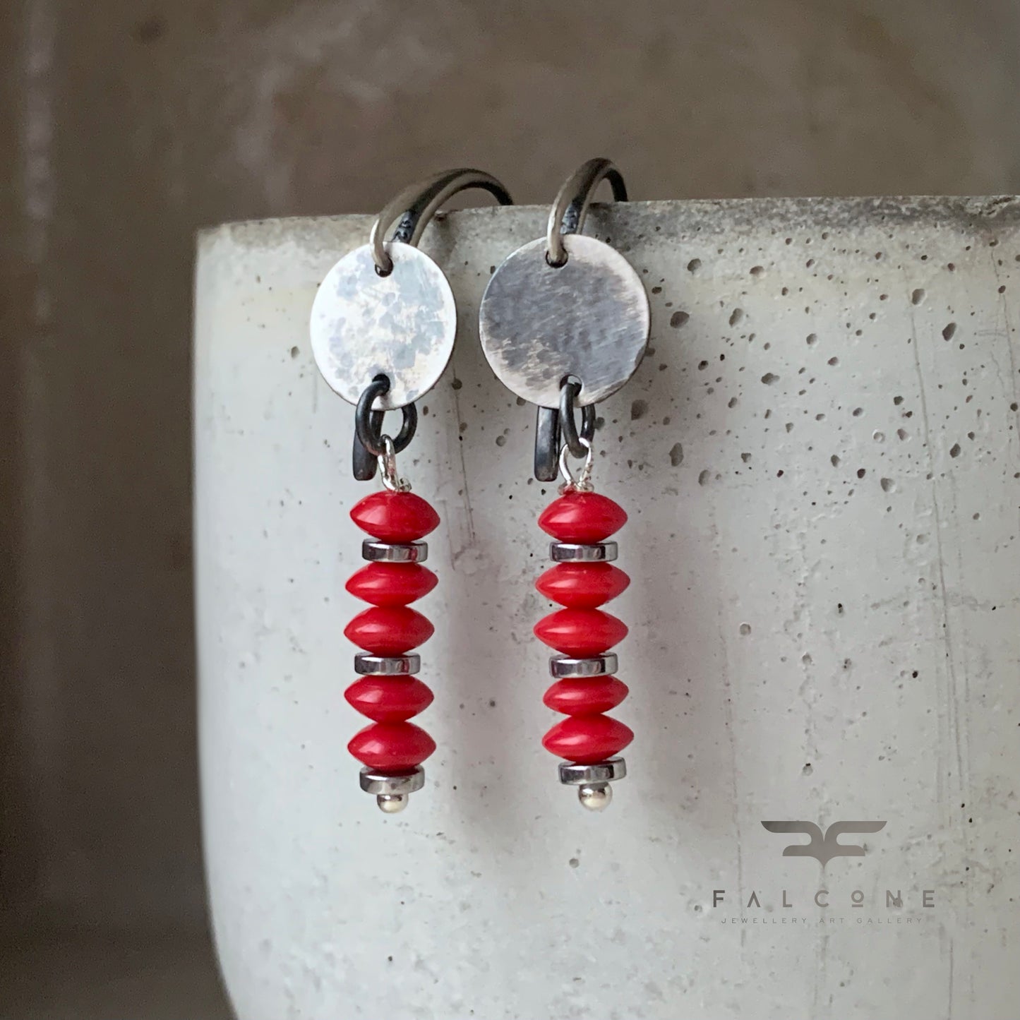 Silver earrings with rondelles of coral 'Red Coral'