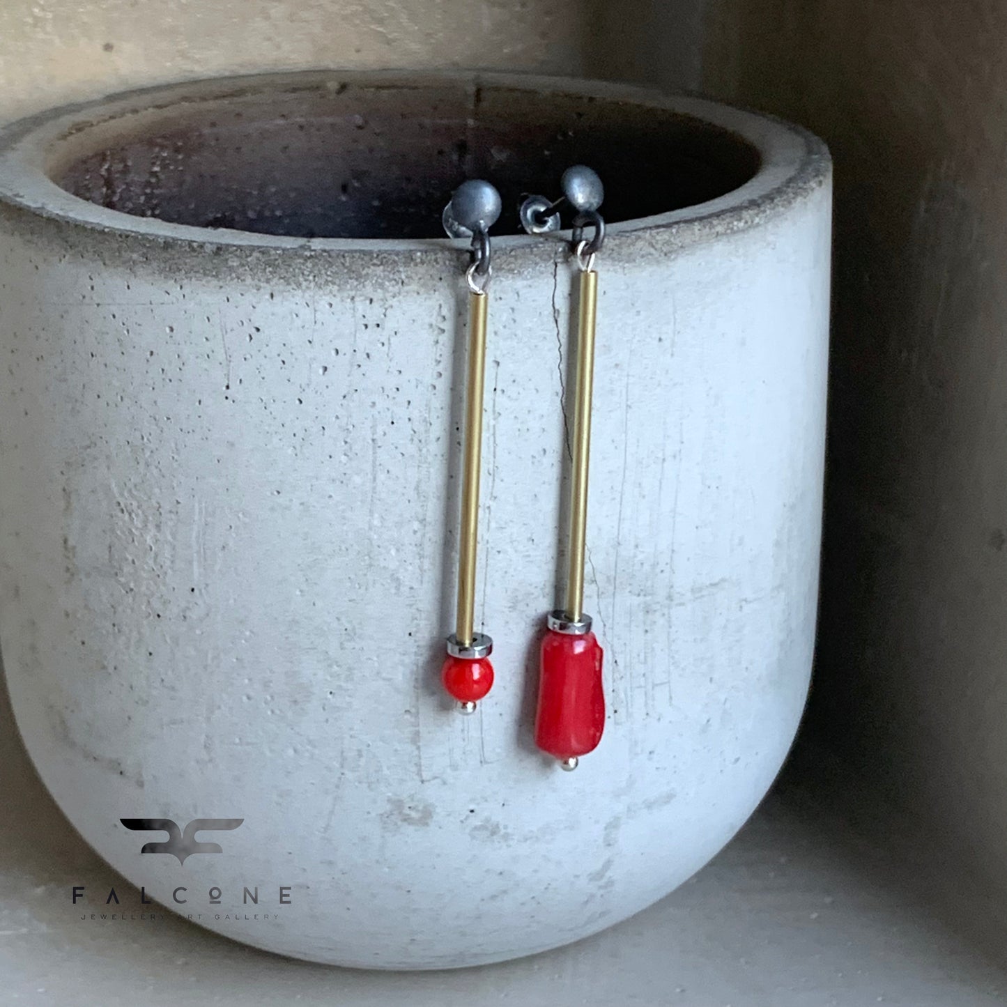 Brass, Coral, and Silver Stud Earrings – 'Golden Long & Coral'