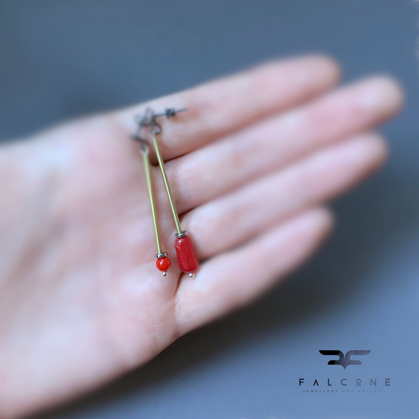 Brass, Coral, and Silver Stud Earrings – 'Golden Long & Coral'