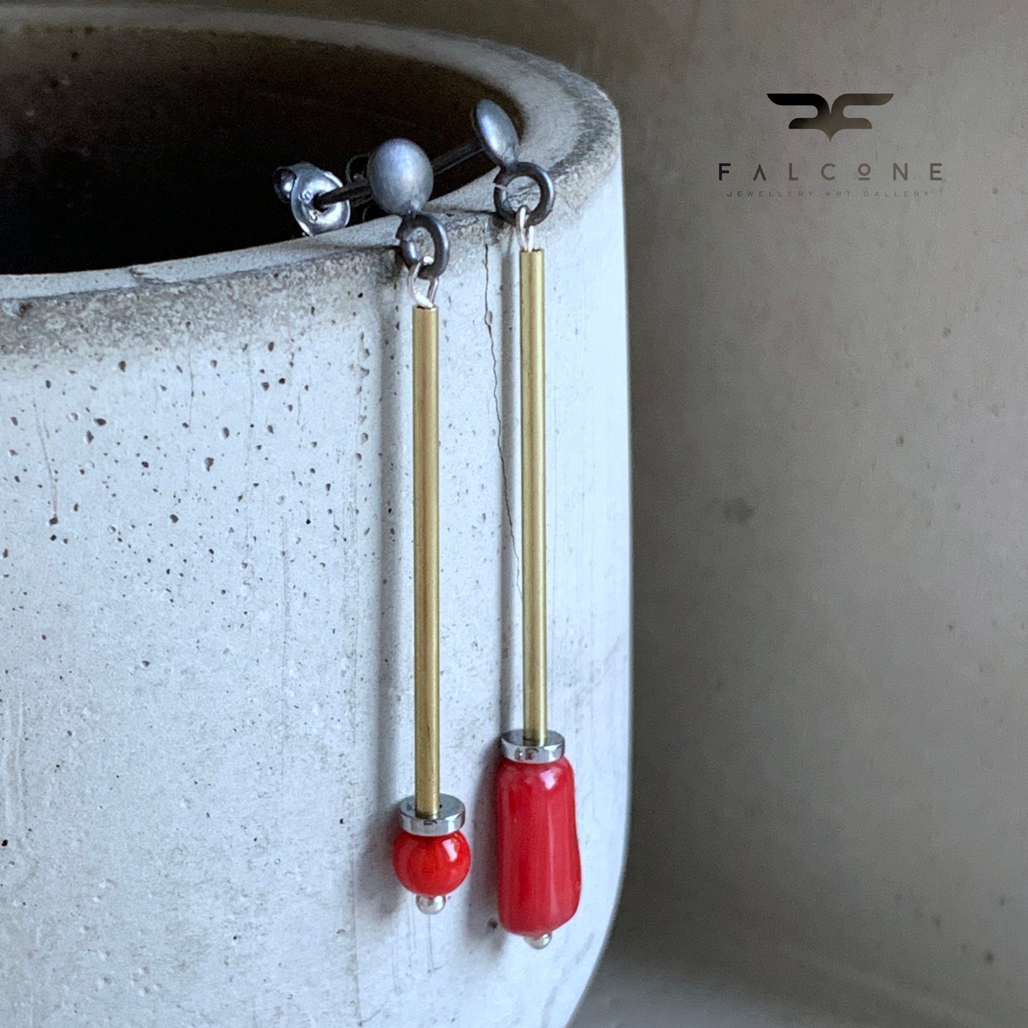 Brass, Coral, and Silver Stud Earrings – 'Golden Long & Coral'